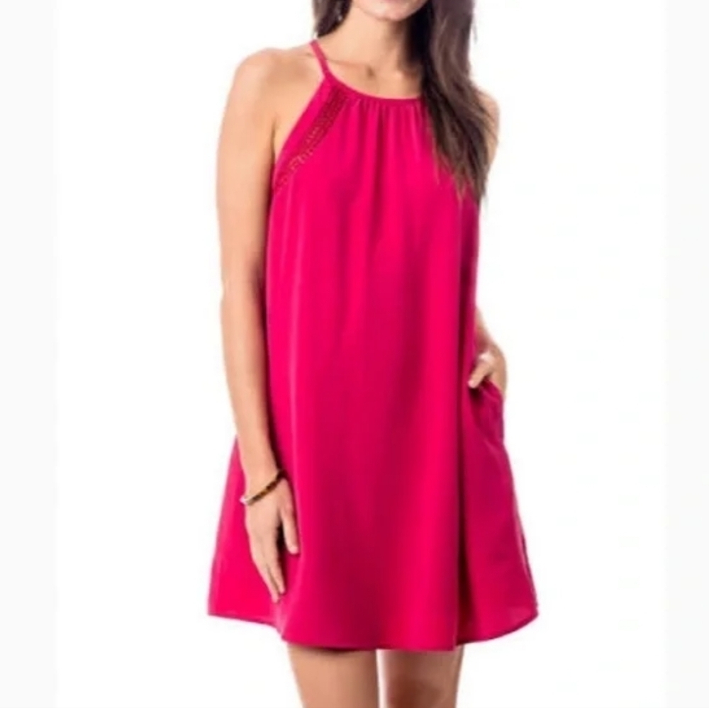 Southern Tide hot pink silk embroidered insert pocket shift dress Size XS